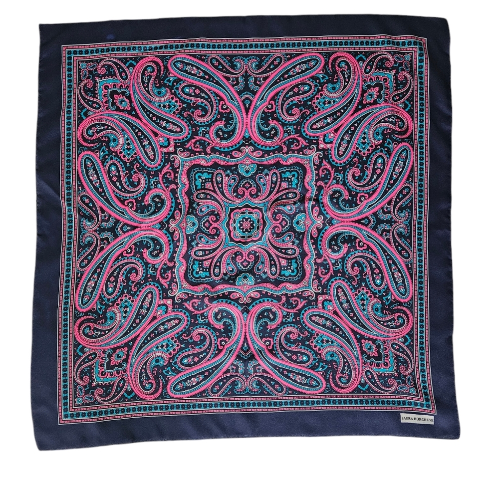 LAURA BORGHESE Navy Blue & Bright Pink Paisley Scarf | SZ 30" Sq
